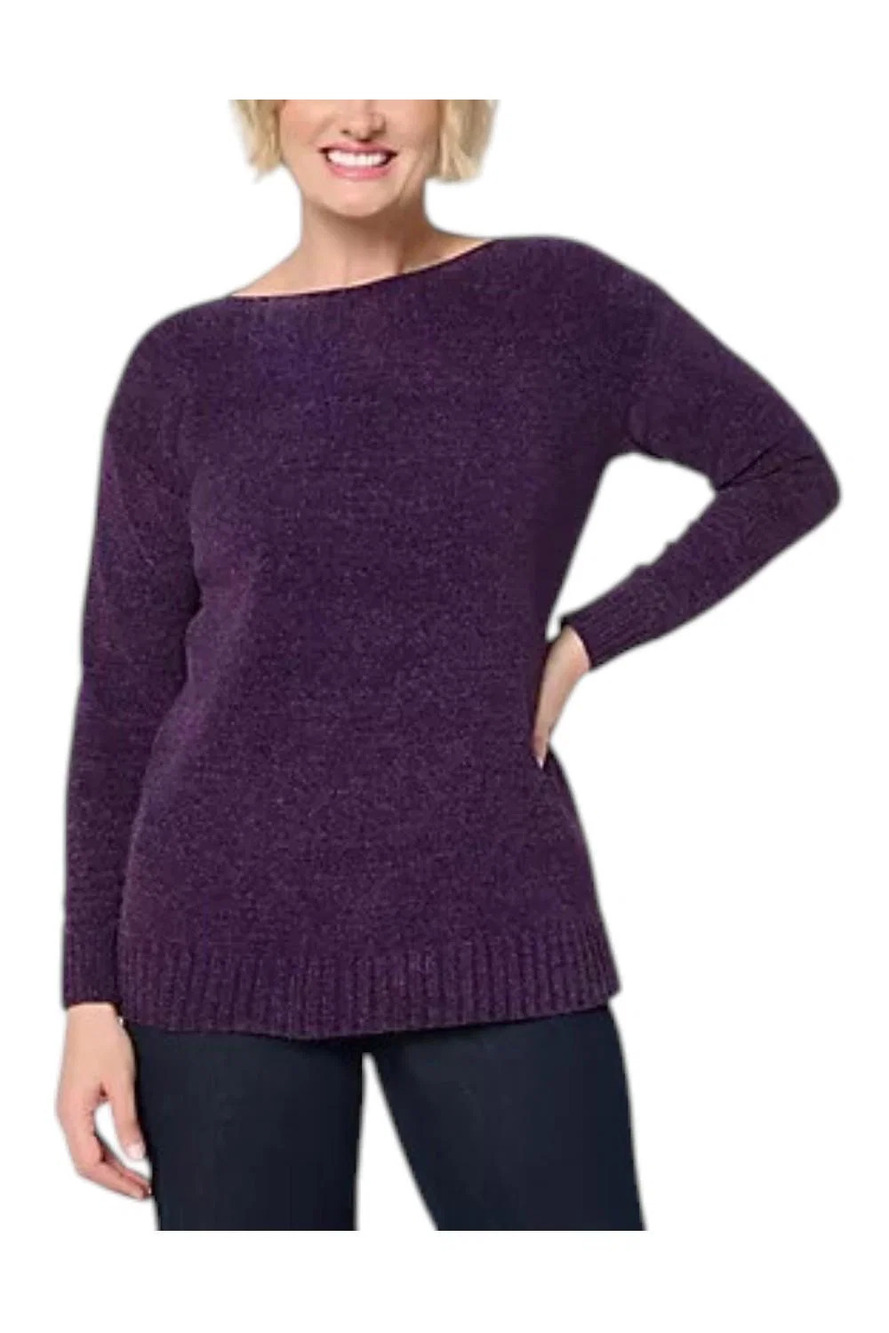Denim & Co. Women's Chenille Boat Neck Long Slv Sweater Dp Purple - Regular